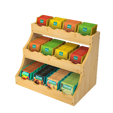 CALM COZY bamboo tea bag organizer with a 3-tier vertical design for quick tea access