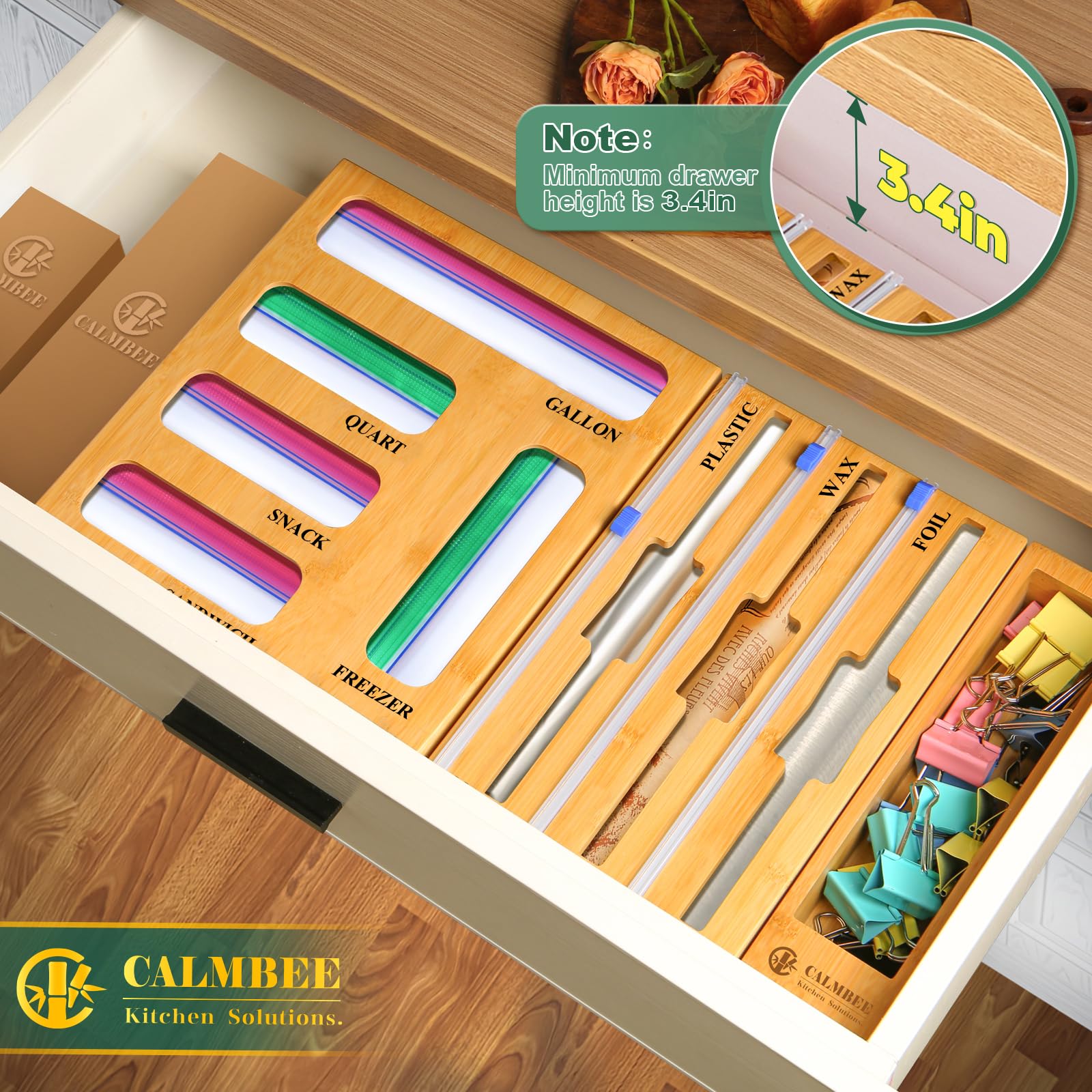Calmbee drawer organization box provides extra small-item compartments.