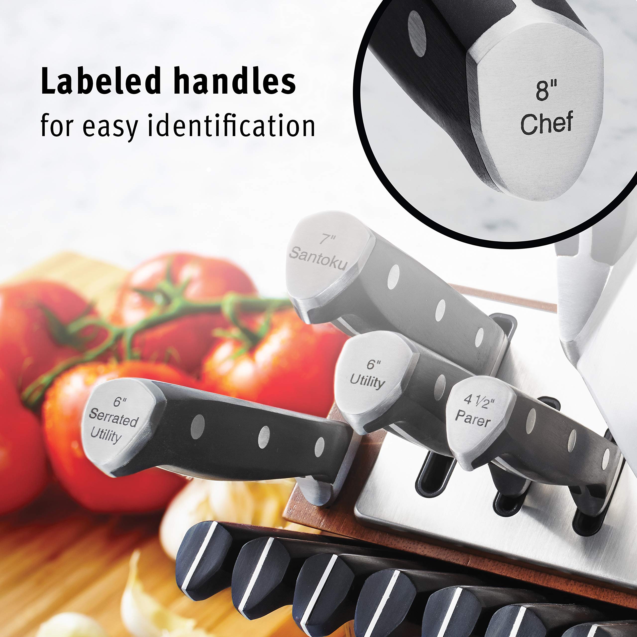 Calphalon Classic contoured full-tang handles provide secure grip during prep.