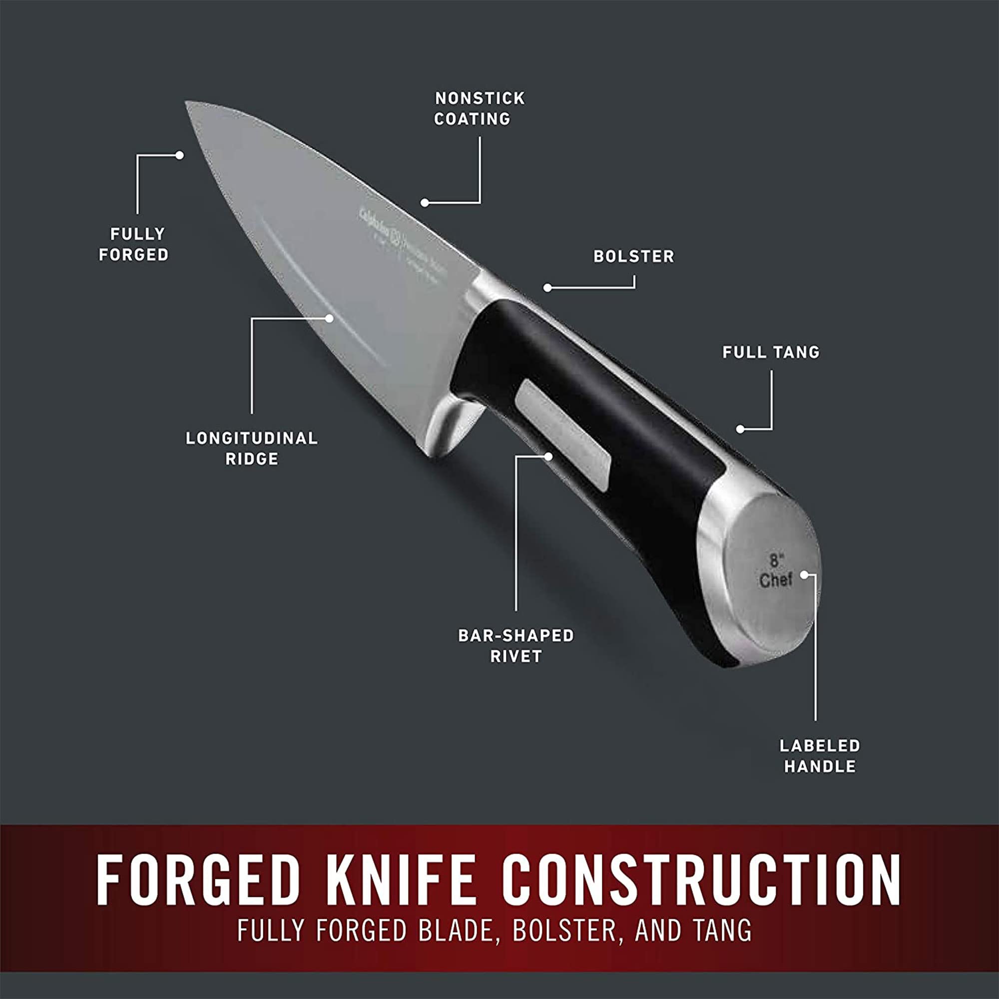 Calphalon full tang knife balance shown for controlled dicing and slicing.