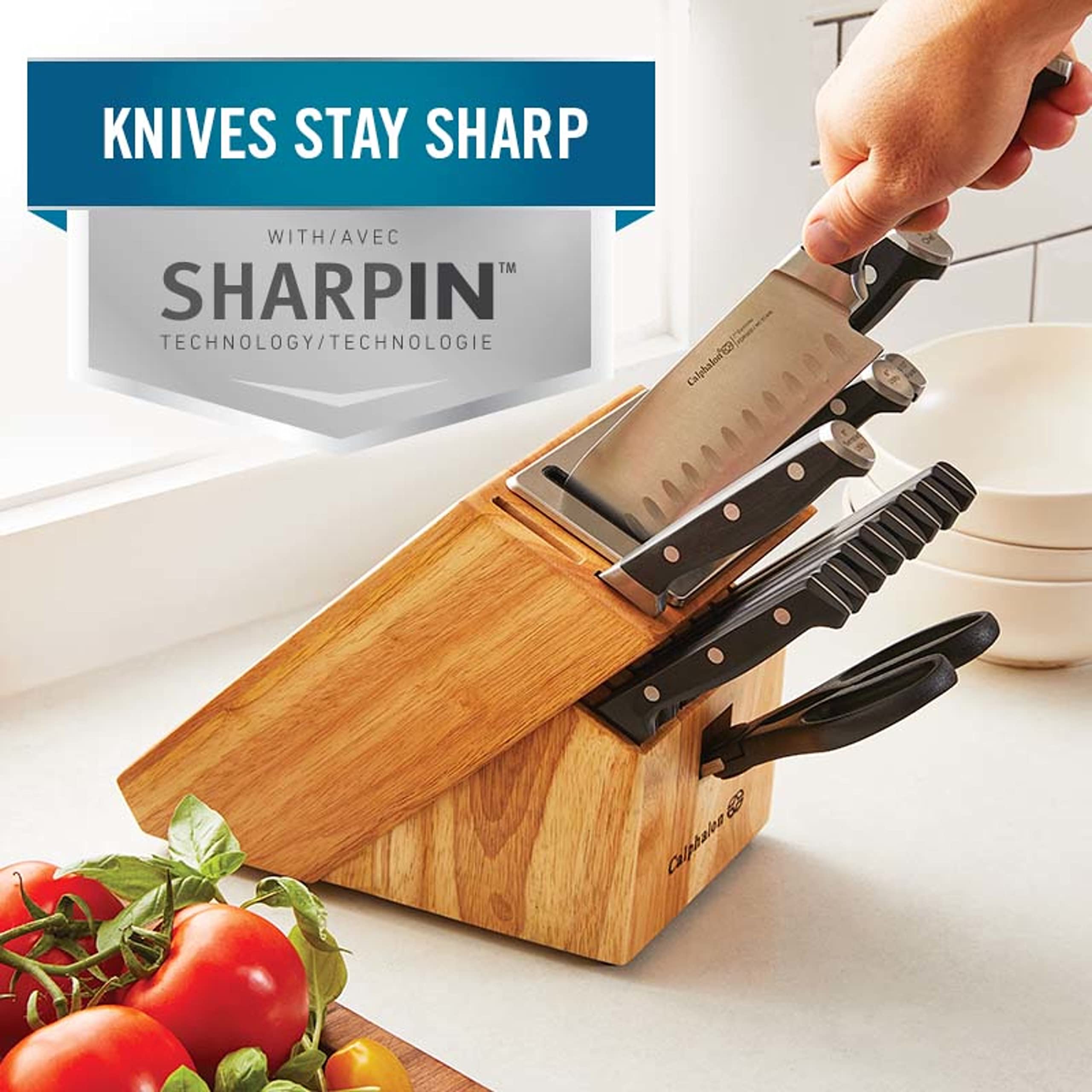 Calphalon full-tang triple-riveted handles closeup for durability and comfortable grip