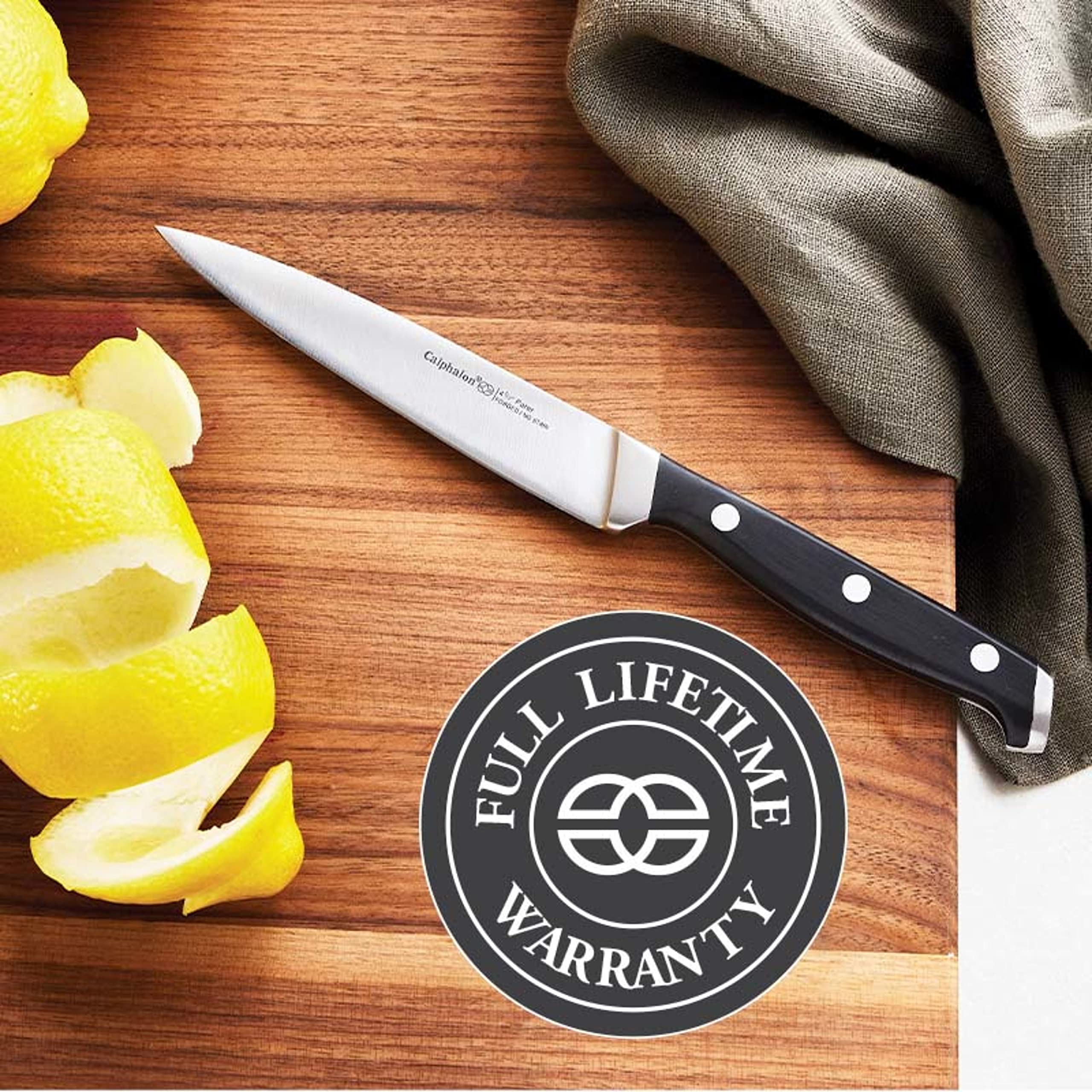 Calphalon knife set in use on cutting board for versatile kitchen tasks