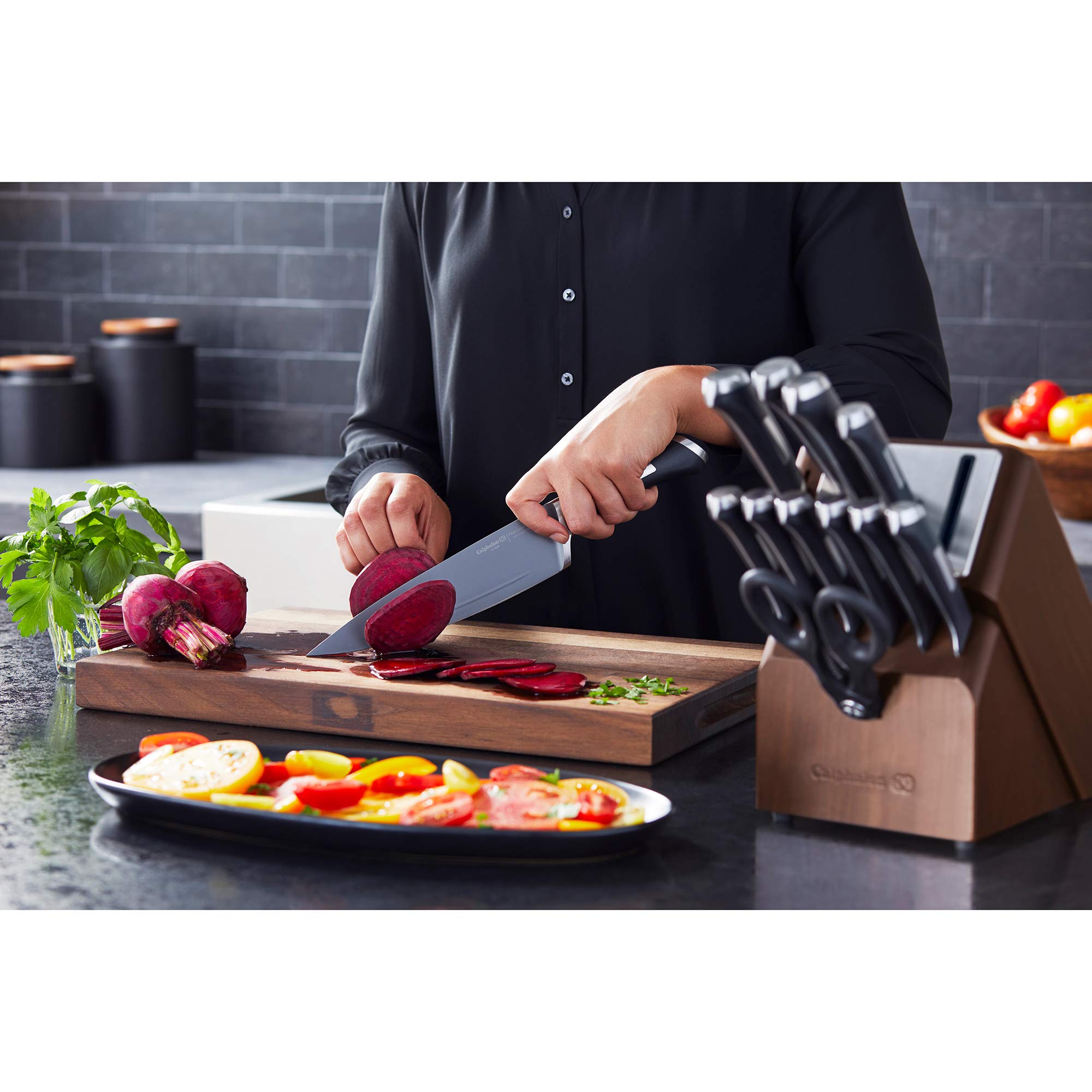 Calphalon nonstick knives in action support efficient meal prep.