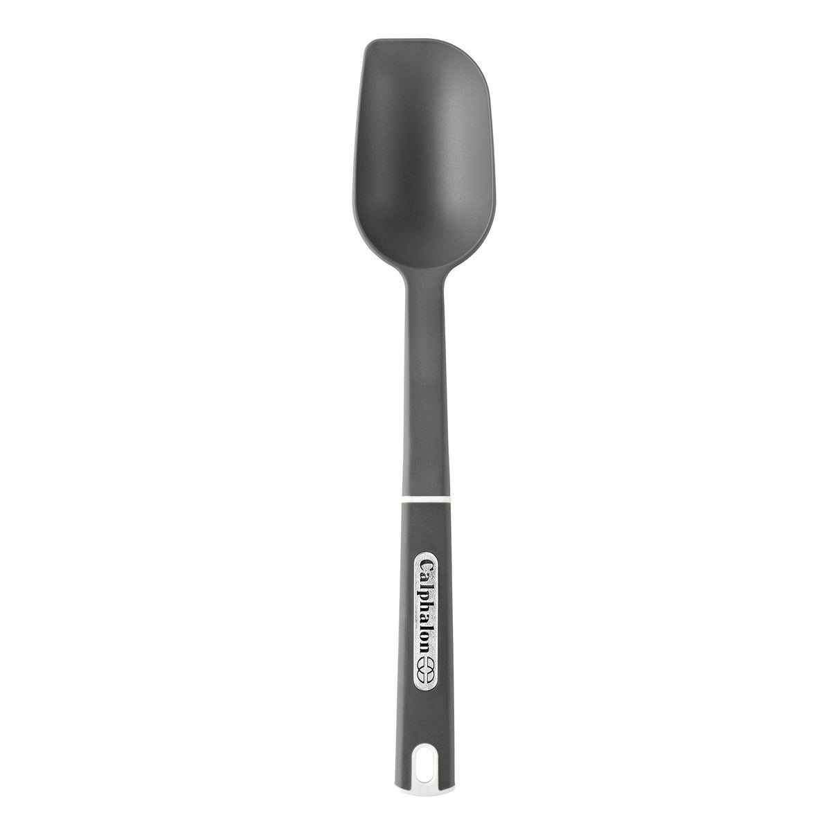 Calphalon nylon solid spoon large in use, scraping and stirring safely, heat resistant up to 400°F
