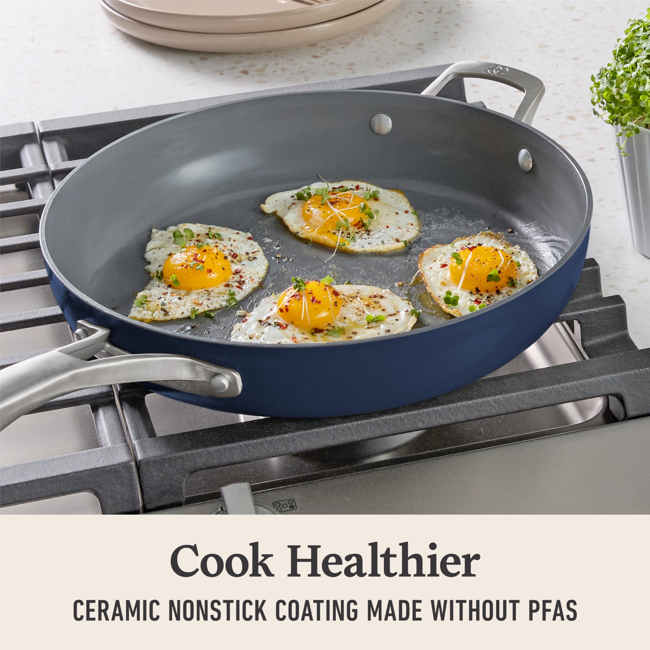 Calphalon Premier 12-inch pan, oven safe up to 500F, midnight blue, versatile cooking.