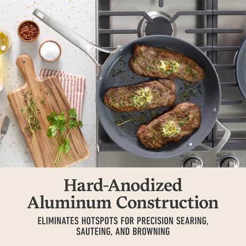 Calphalon Premier Ceramic Nonstick uses Quick Clean Technology for fast cleanup.