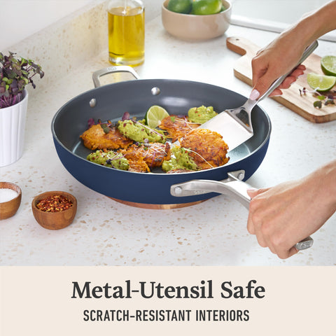 Calphalon Premier Ceramic Nonstick resists scratches and tolerates metal utensils.