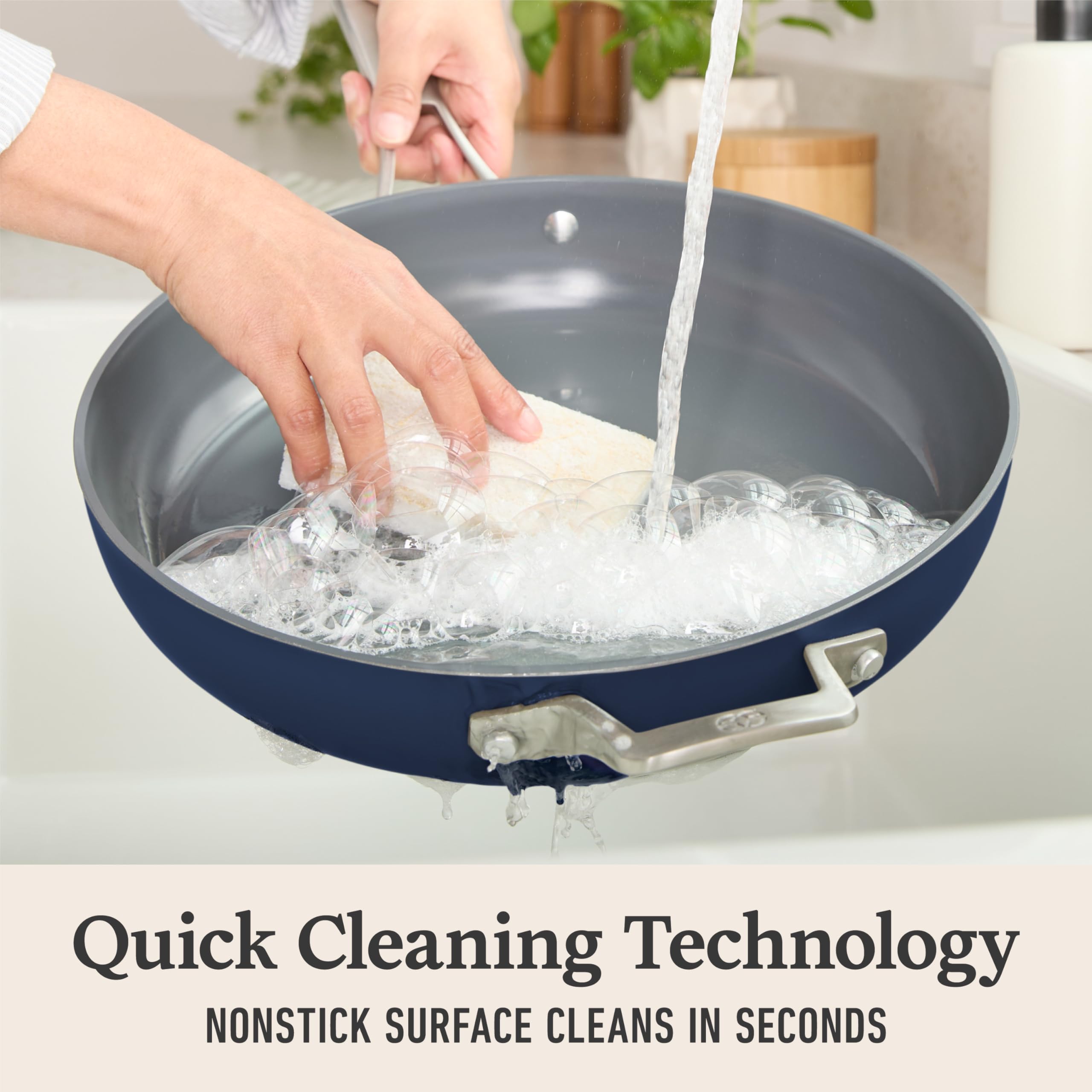 Calphalon Premier 12-inch pan with a sturdy, cool-touch handle for safe cooking.