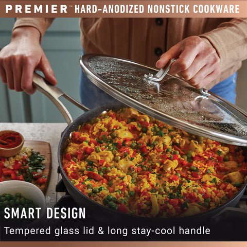 Calphalon Premier 3-layer nonstick interior withstands daily utensil use.