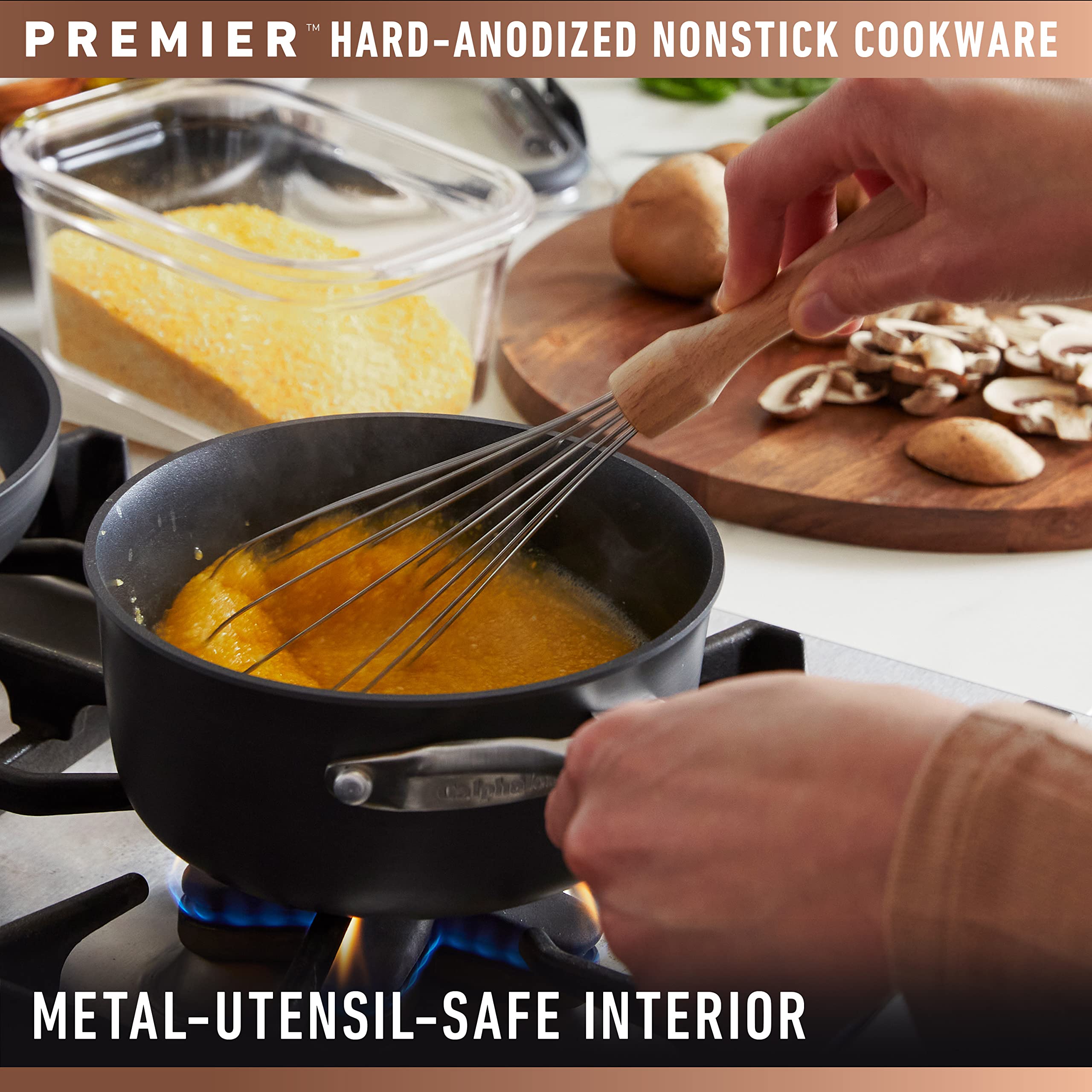 Calphalon Premier interior nonstick highlights effortless food release.