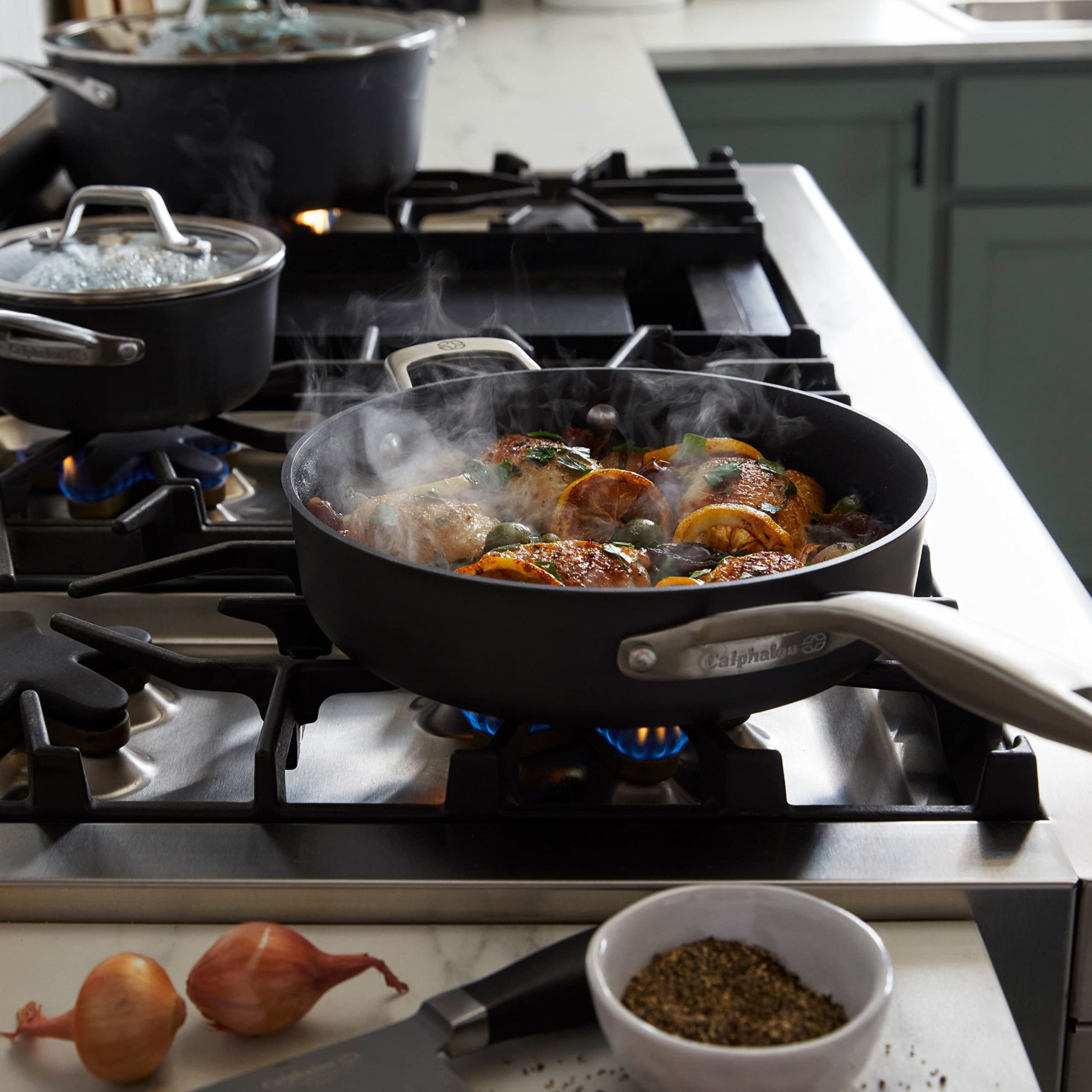 Calphalon Premier tempered glass lid captures steam and aroma.