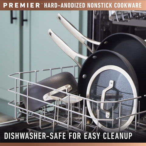 Calphalon Premier pan exterior ready for dishwasher-safe cleanup after cooking