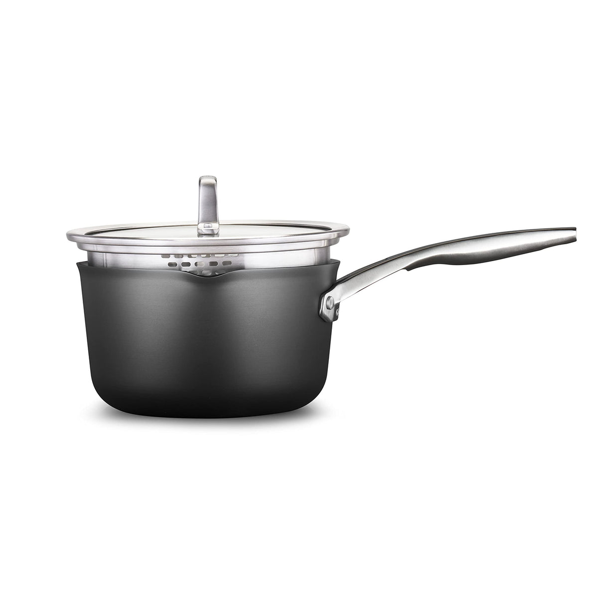 Calphalon Premier sauce pan with lid showing even heat distribution for sauces and simmering