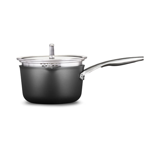 Calphalon Premier sauce pan with lid showing even heat distribution for sauces and simmering