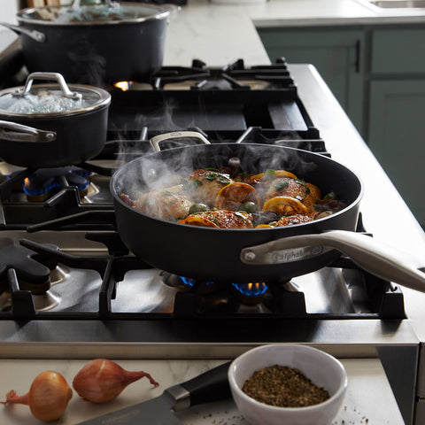 Calphalon Premier pan compatible with gas, electric, and glass stovetops