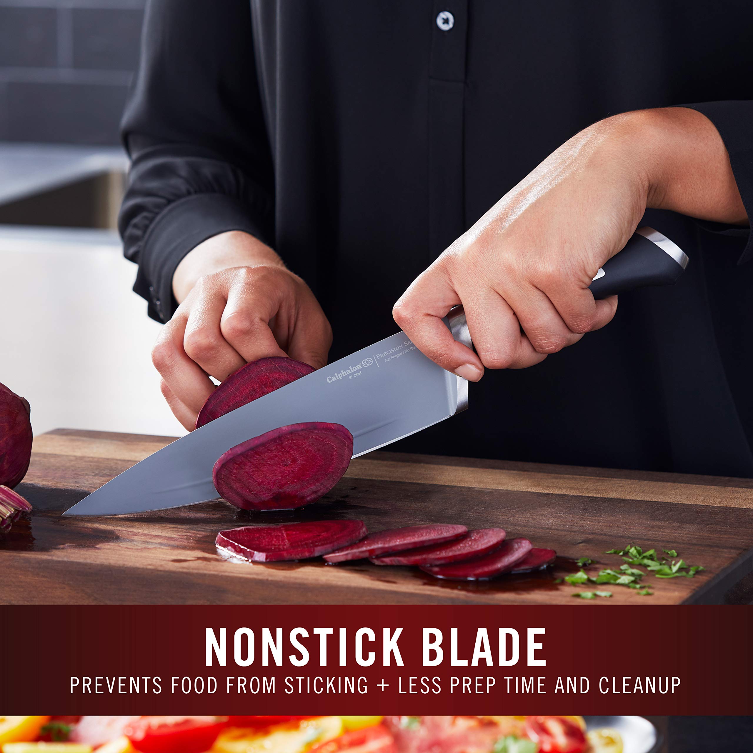 Calphalon self-sharpening block closeup highlighting effortless blade maintenance during cooking.