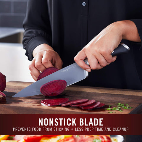 Calphalon self-sharpening block closeup highlighting effortless blade maintenance during cooking.