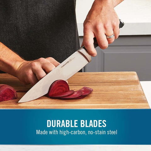 Calphalon stainless steel blades closeup with high-carbon no-stain performance
