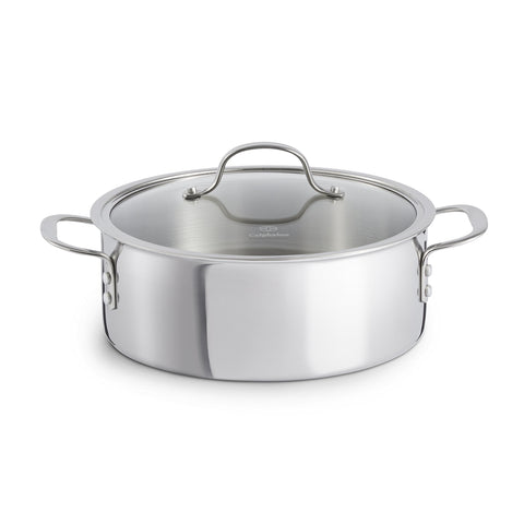 Calphalon Tri-Ply 5-Quart Dutch Oven top view highlighting even heating for browning
