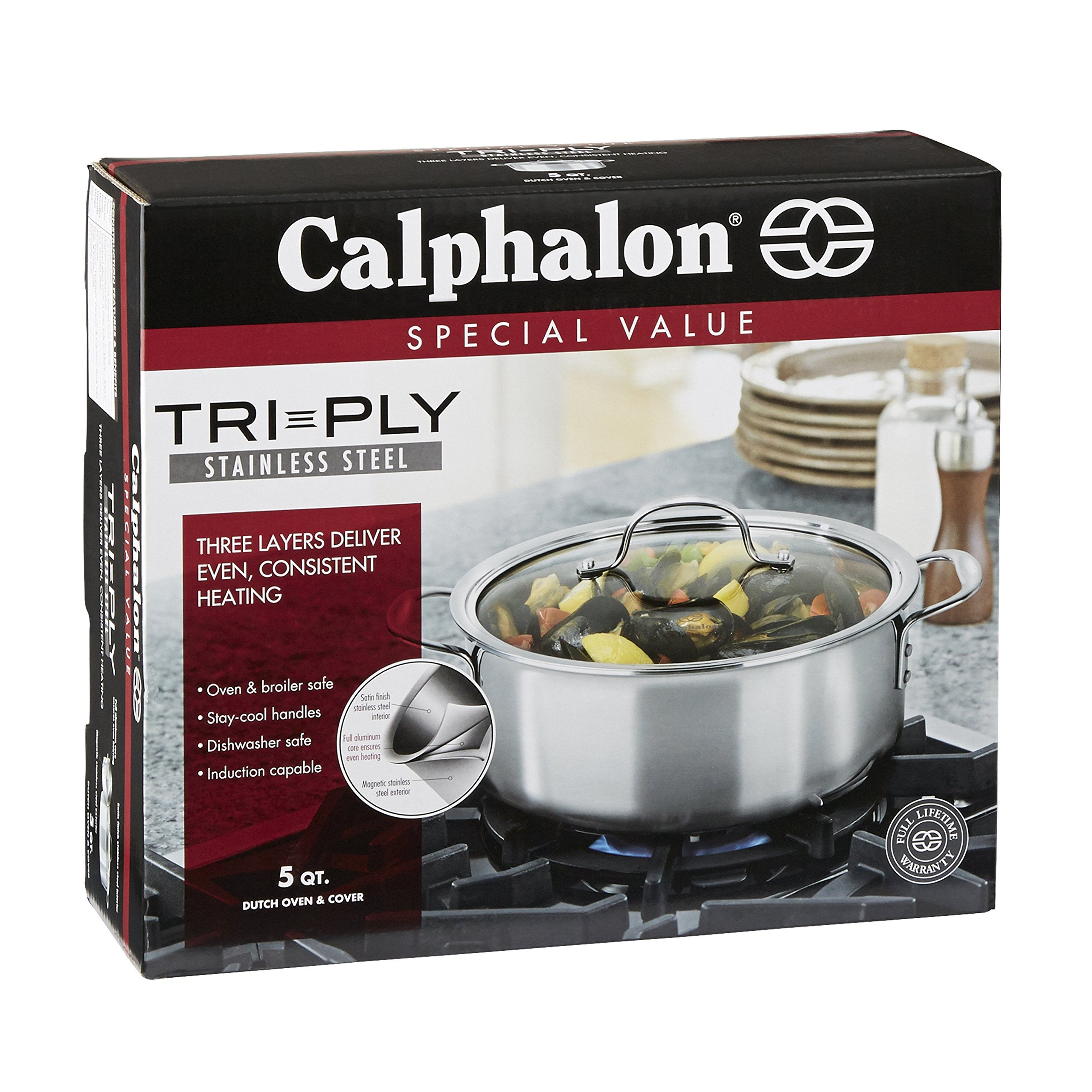Calphalon Tri-Ply 5-Quart Dutch Oven dishwasher-safe cleaning after cooking