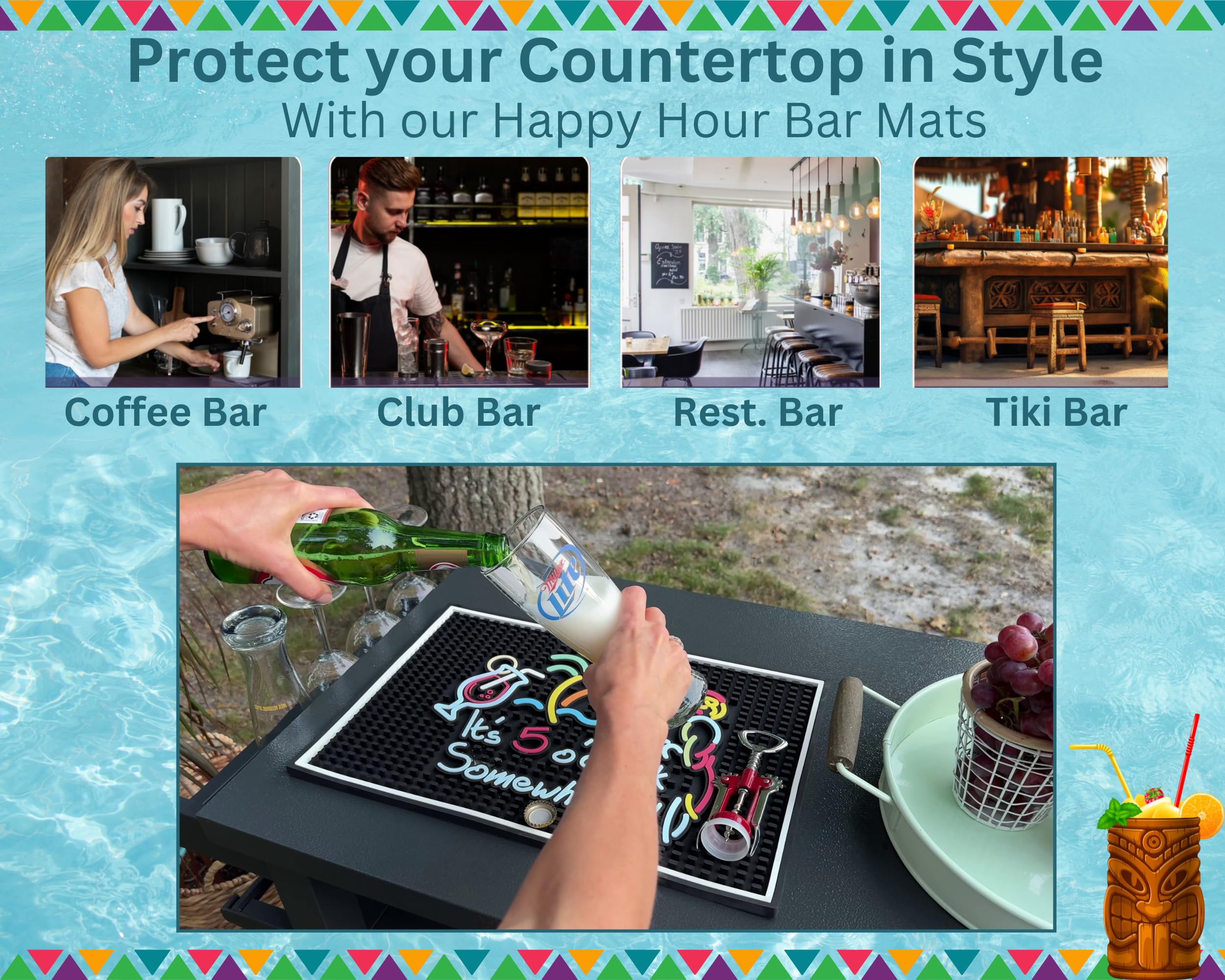 CALUVAR outdoor bar mat promotes festive outdoor gatherings while protecting surfaces from spills
