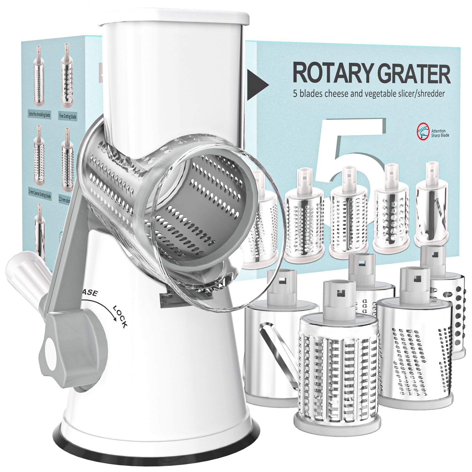 Cambom 5-in-1 rotary grater blades close-up for versatile shredding options