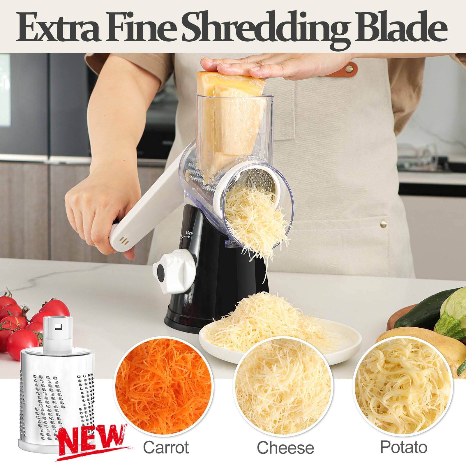 Cambom 5-in-1 rotary cheese grater with coarse shredding blade.