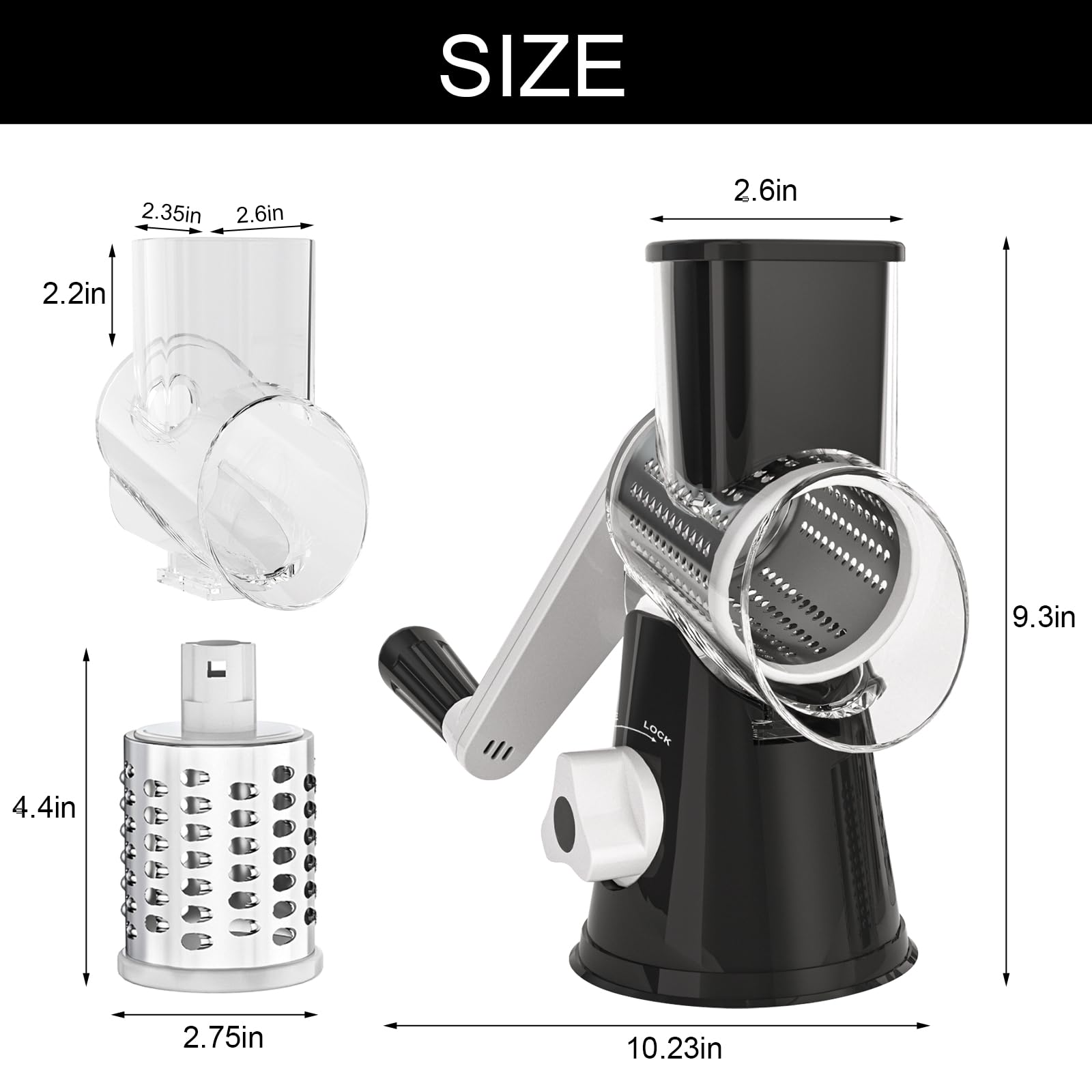 Cambom 5-in-1 rotary cheese grater compact storage solution in drawer.