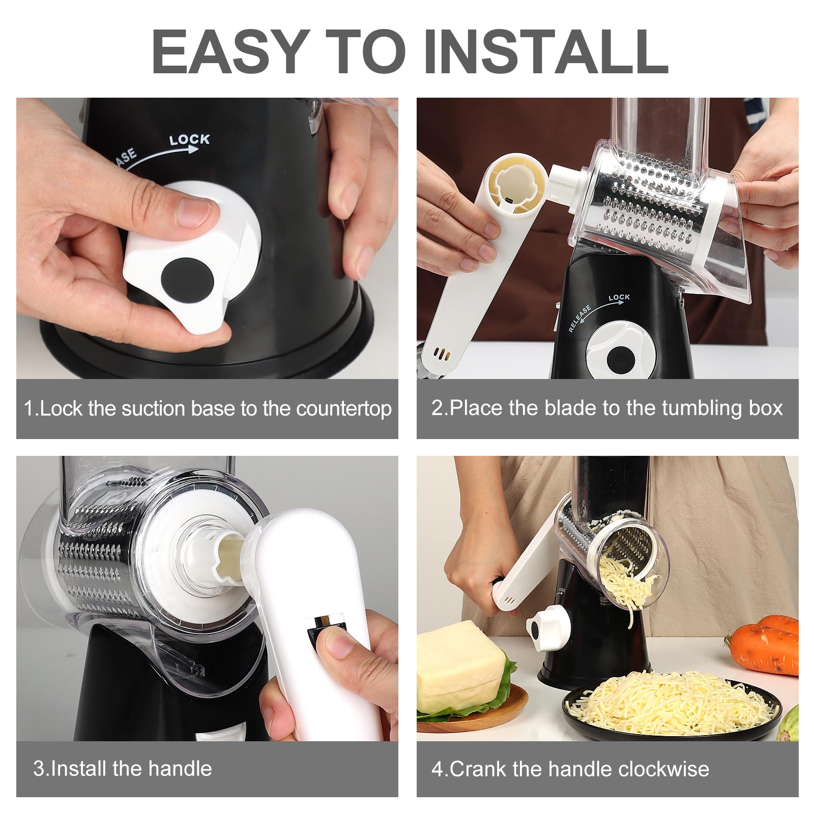 Cambom 5-in-1 rotary cheese grater dishwasher safe for easy cleanup.