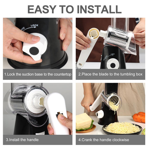 Cambom 5-in-1 rotary cheese grater dishwasher safe for easy cleanup.