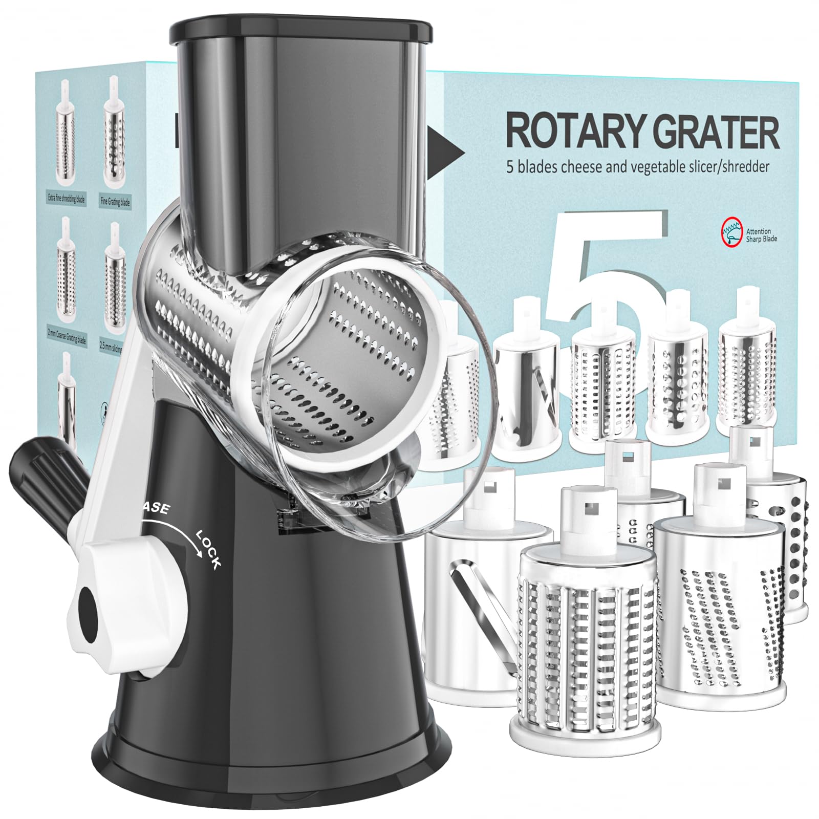 Cambom 5-in-1 rotary cheese grater front view for quick, even shredding.