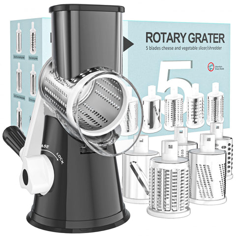 Cambom 5-in-1 rotary cheese grater front view for quick, even shredding.