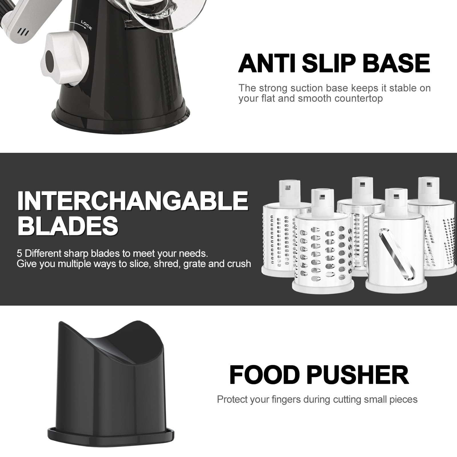 Cambom 5-in-1 rotary cheese grater non-slip suction base in action.