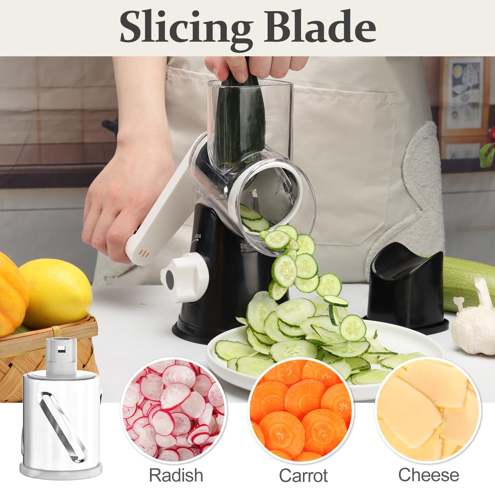 Cambom 5-in-1 rotary cheese grater slicing blade for uniform vegetable slices.