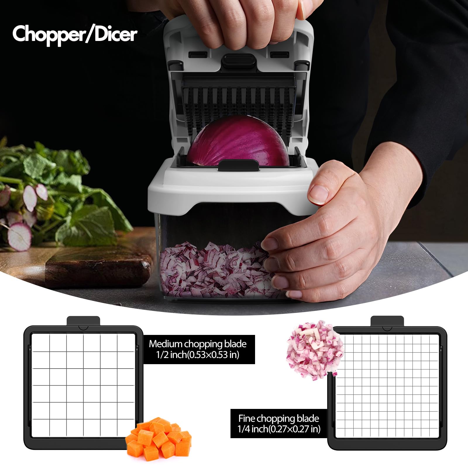 Cambom 8-blade chopping system for versatile slicing, dicing, and grating.