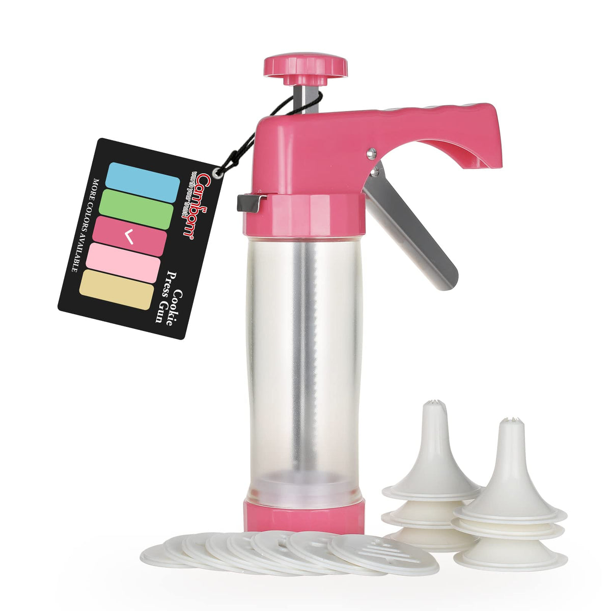 Cambom clear cookie press kit inner view shows the roomy dough tube for easy filling