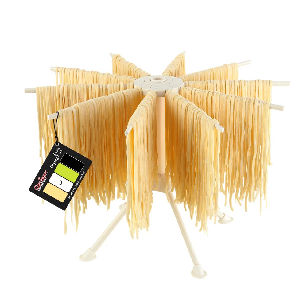 Cambom collapsible pasta drying rack front view with 10 arms for efficient spaghetti drying.