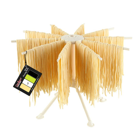 Cambom collapsible pasta drying rack front view with 10 arms for efficient spaghetti drying.