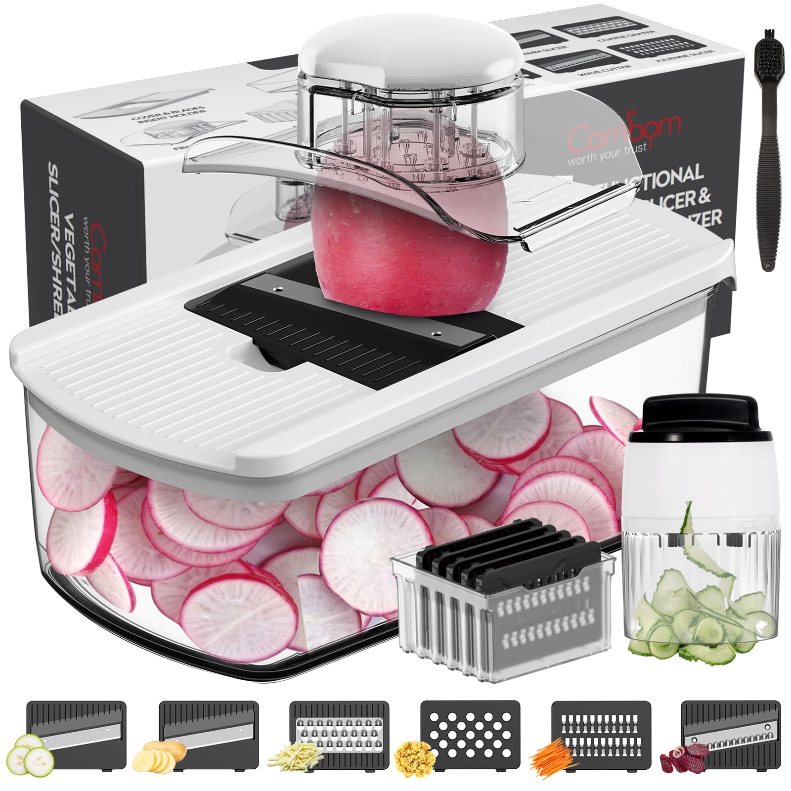 Cambom mandoline slicer with 2L container showing ample veggie storage for meal prep