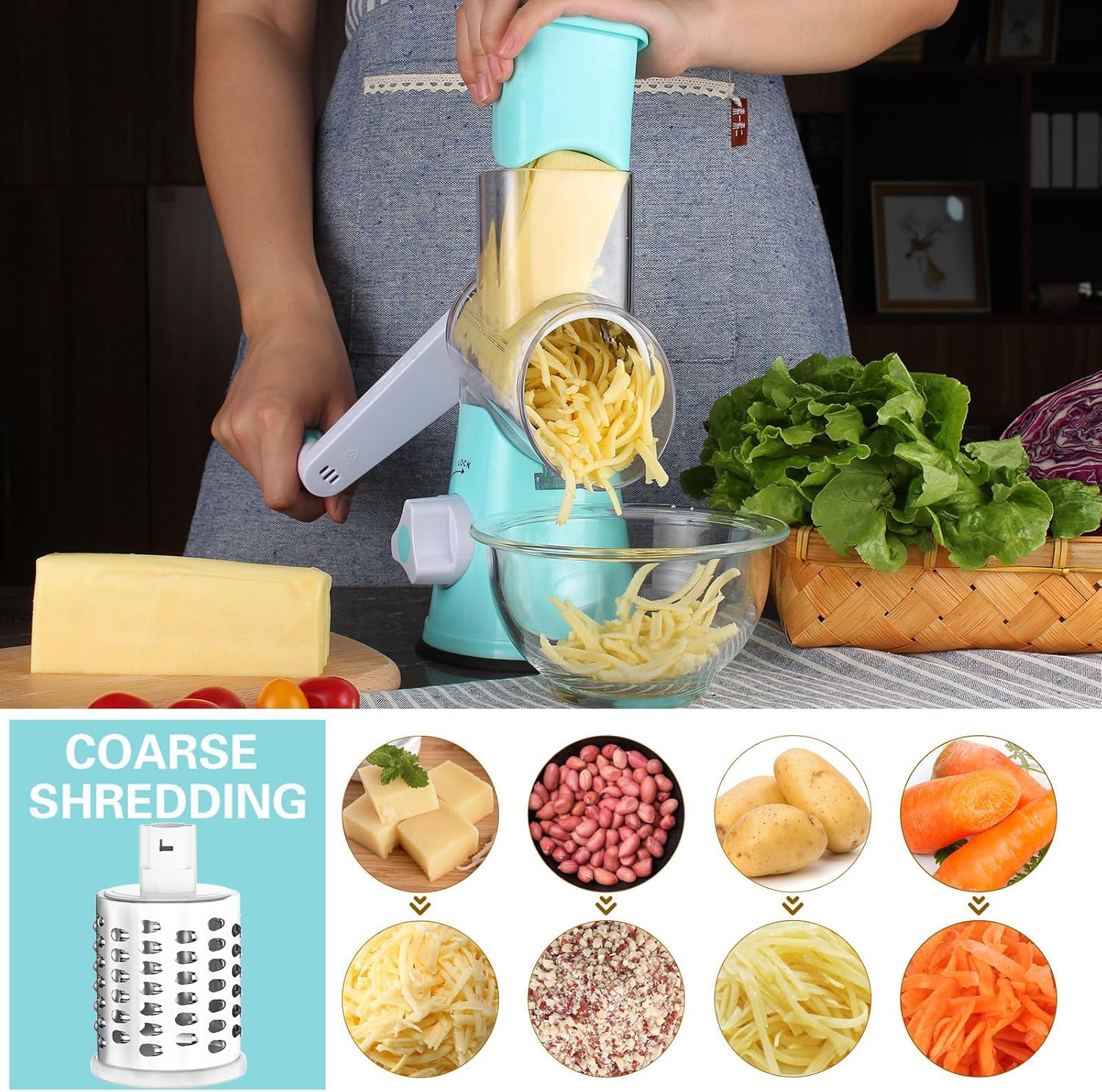 Cambom rotary cheese grater blades closeup highlights three blades for versatile shredding.