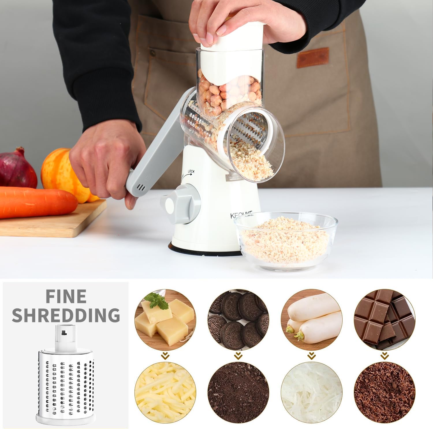 Cambom grater shredding cheddar and mozzarella for toppings