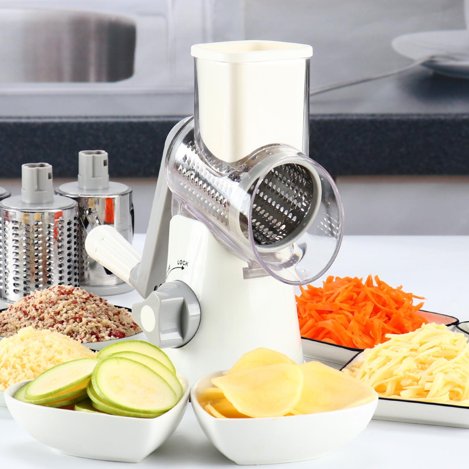 Cambom rotary cheese grater compact design stored in a drawer