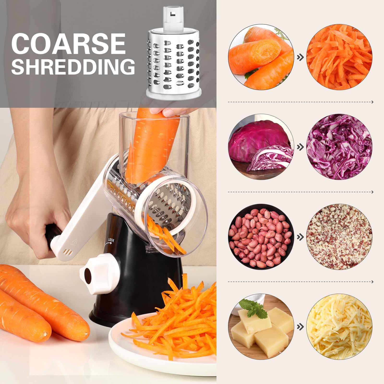 Cambom rotary cheese grater hand crank action for effortless, fast shredding