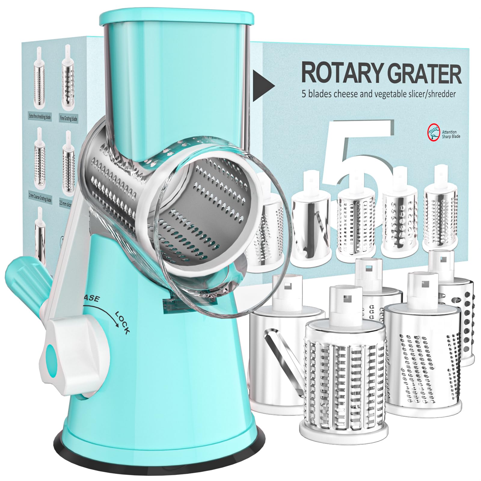 Cambom rotary cheese grater blue base in hand-crank mode for fresh shredding