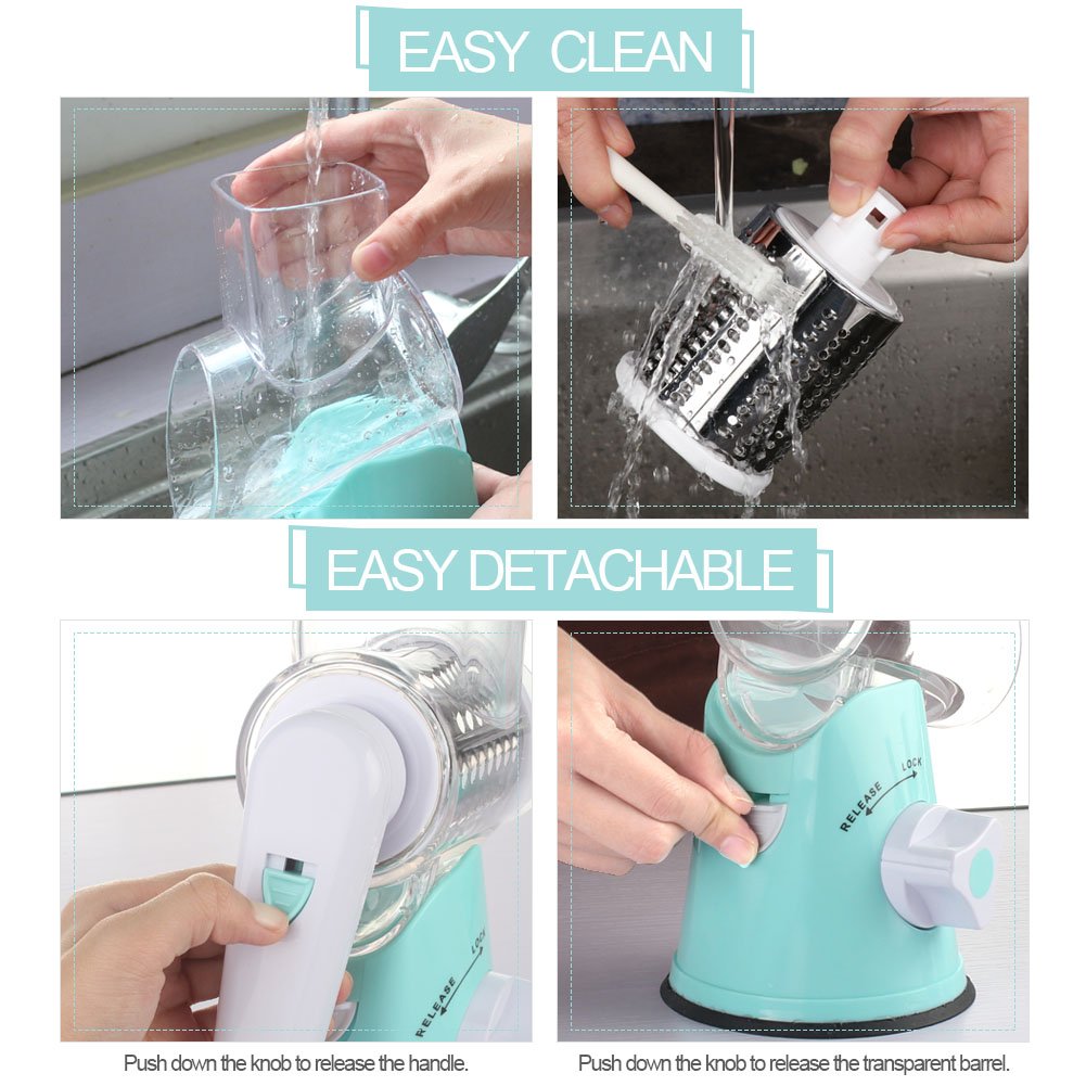 Cambom rotary cheese grater hand-crank operation provides quick shredded cheese.