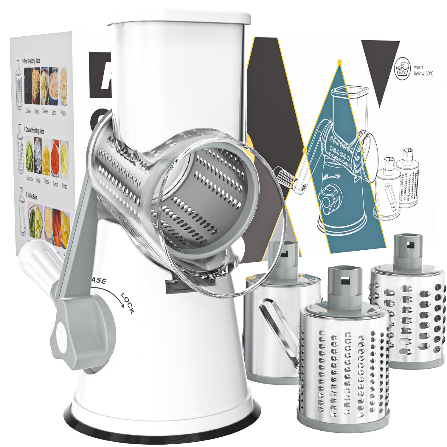 Cambom rotary cheese grater hand crank demonstrating easy shredding