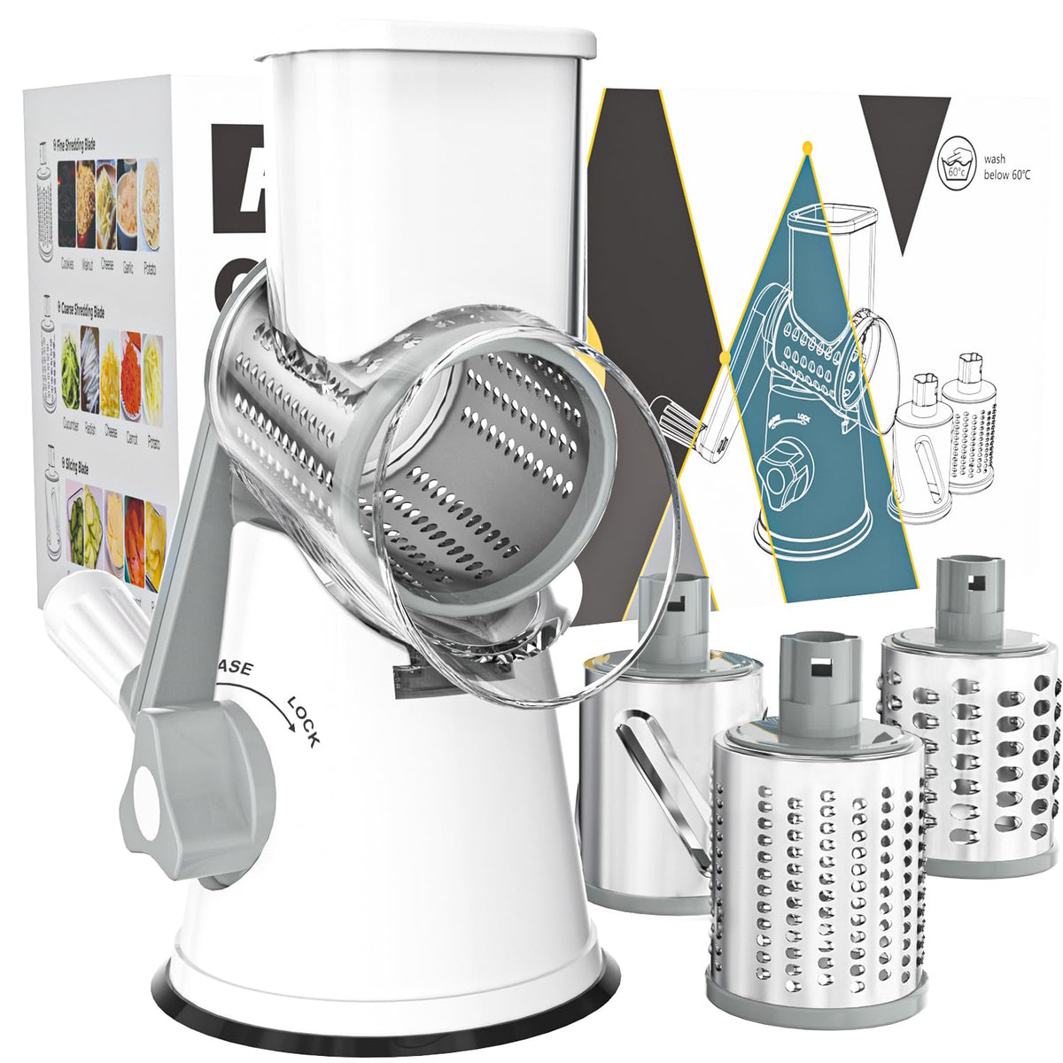 Cambom rotary cheese grater hand crank demonstrating easy shredding