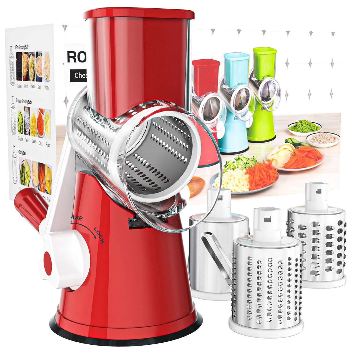 Cambom rotary cheese grater in red on counter for quick shredding and slicing.