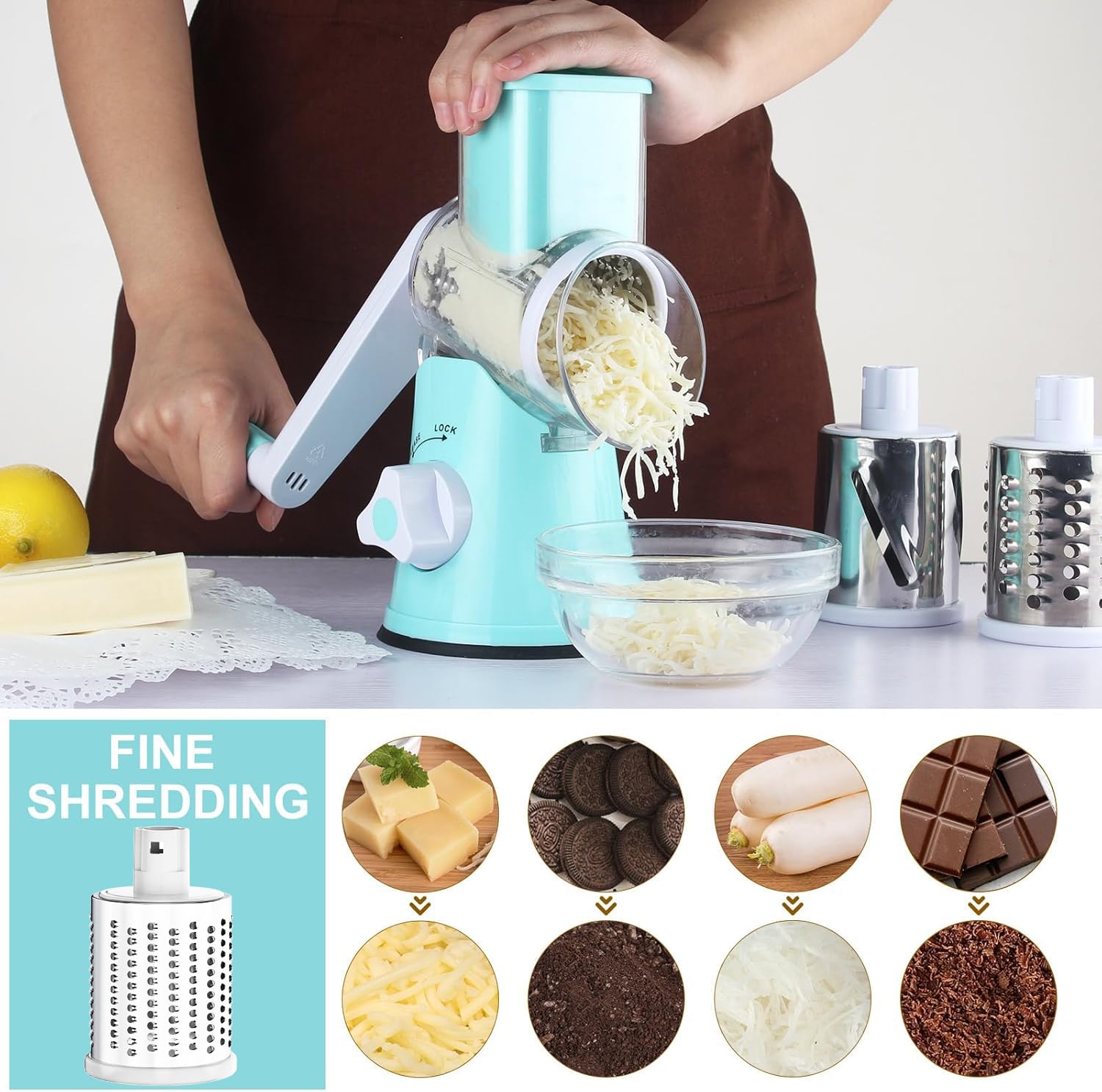 Cambom rotary cheese grater suction base anchors on smooth surfaces during operation.