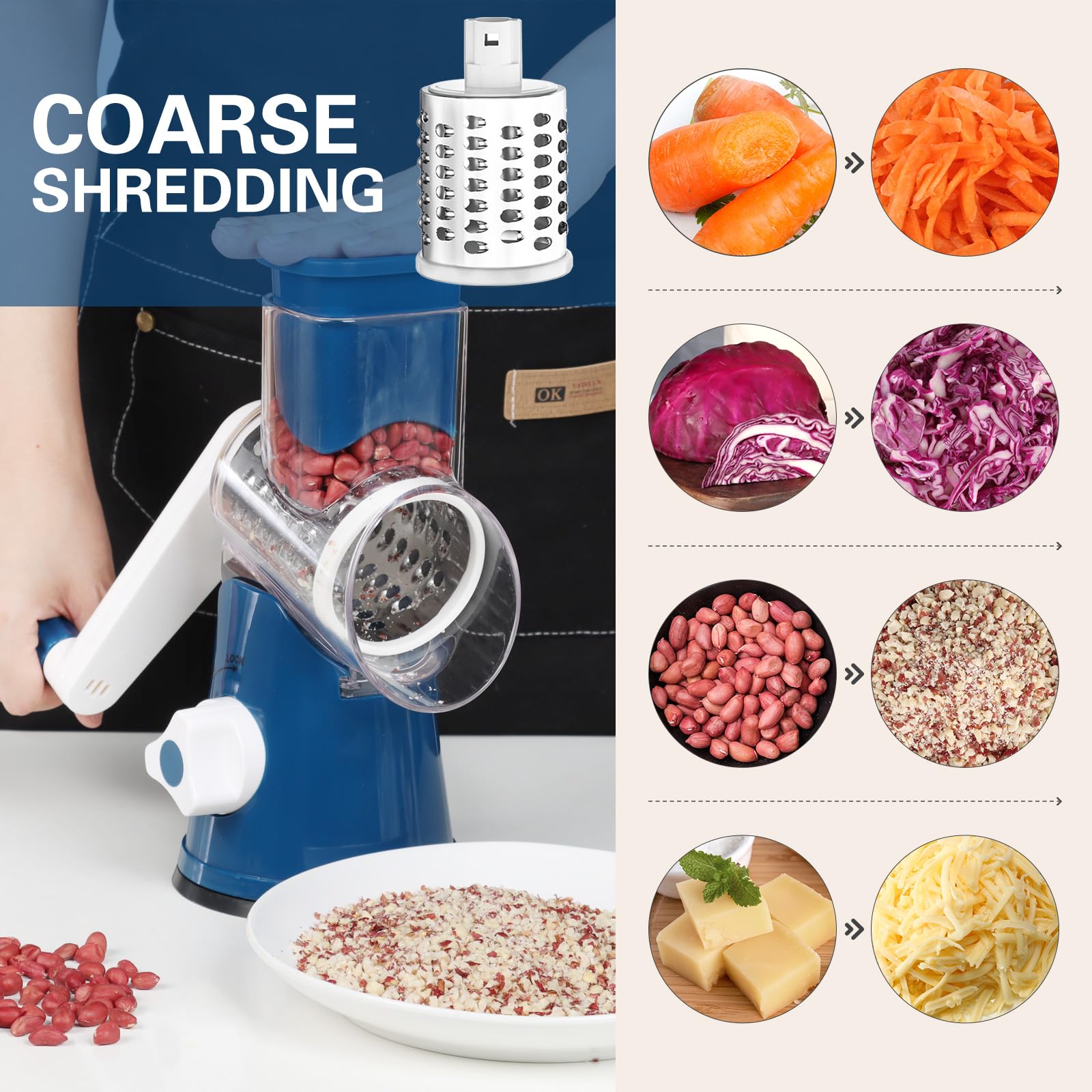 Cambom grater features three blades for coarse, fine, and slicing tasks.